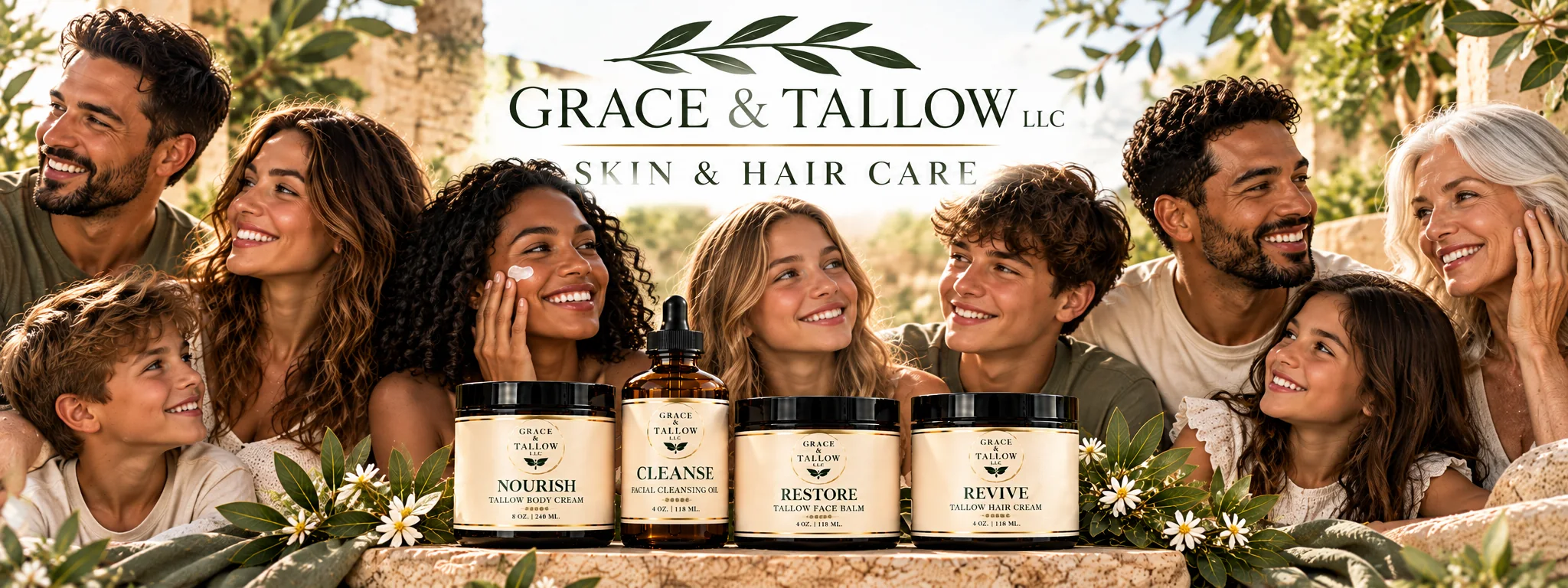 Grace and Tallow LLC Skin and Hair Care: a smiling multigenerational family behind Nourish body cream, Cleanse facial cleansing oil, Restore face balm and Revive hair cream